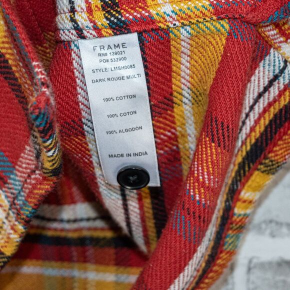 FRAME Denim Men's Button up Flannel Shirt Jacket in Dark Rouge multi cotton sz S - Picture 4 of 8